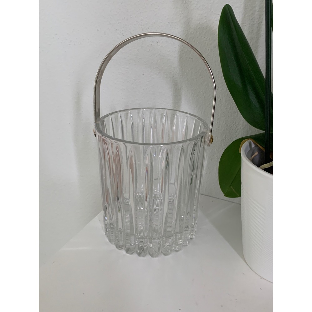Vintage Ribbed Crystal Glass Ice Bucket with Silver Swing Handle Clear Fluted